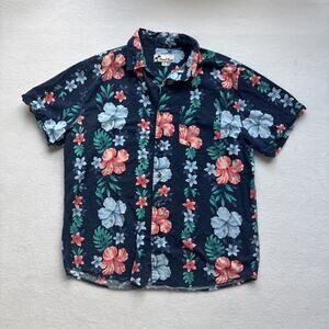 Oliver & Burke Men Size XL Hawaiian Shirt Navy Blue Hibiscus Flowers Colorful
